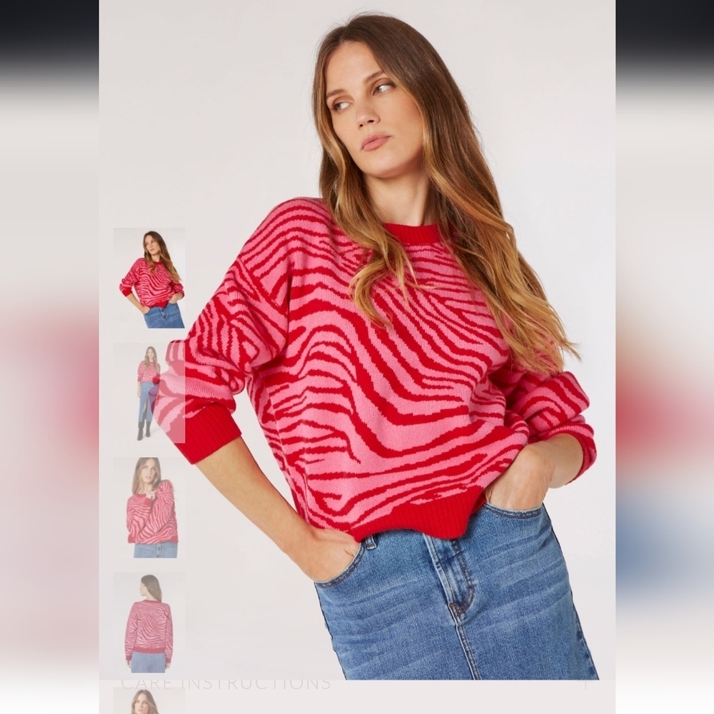 Apricot Pink And Red Zebra Print Cropped Oversized Soft Sweater Size 10